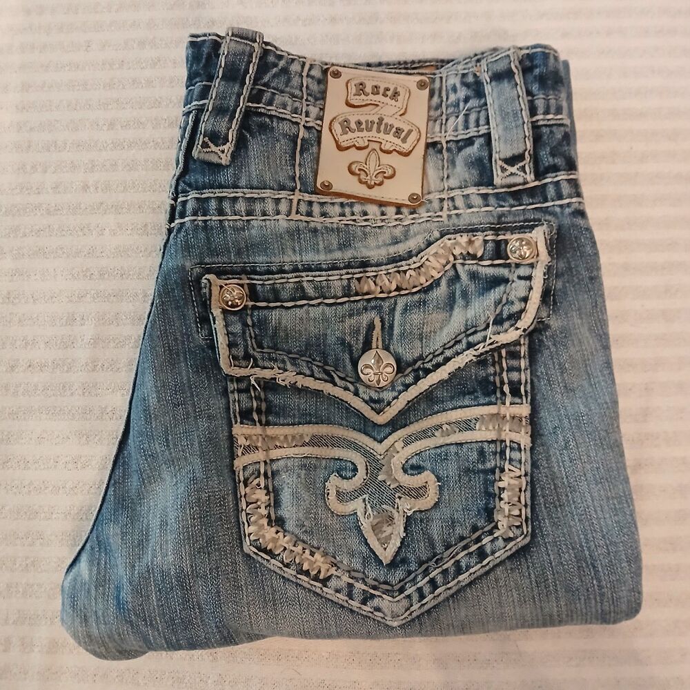 Rock Revival Frido Boot Cut Mens Jeans Broken In Distressed Fleur Cowboy 33x31